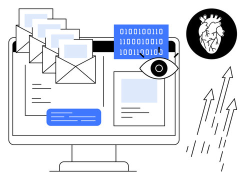 Computer screen displaying emails, eye, binary code, flying arrows, and heart icon. Ideal for technology, communication, data analysis, innovation healthcare growth strategies simple flat metaphor