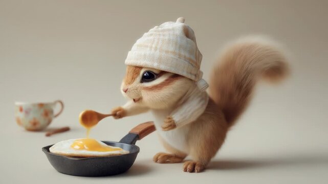 A cute squirrel in a hat cooks a fried egg in a small pan, with a teacup nearby