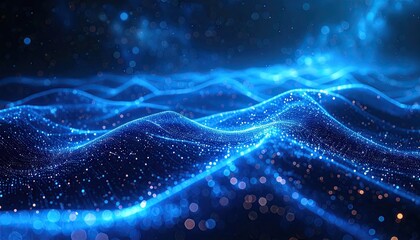 Abstract Flowing Blue Particle Waves on Dark Background with Bokeh Effect and Bright Illumination Digital Art