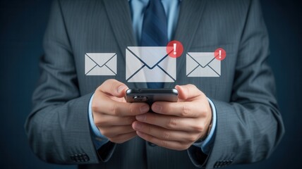 Professional businessman receives urgent email notifications on smartphone, symbolizing important communication and alerts