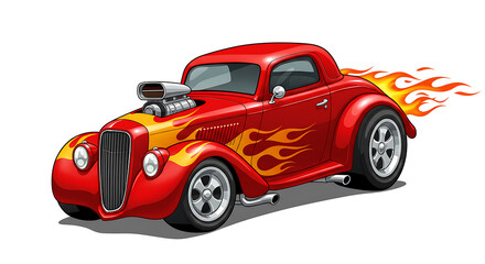 Red Hot Rod Cartoon Car with Flame Graphics – Classic Vintage Muscle Style.red racing car, 2D cartoon illustration of a hot rod car with flames painted on the sides, fast and classic, white background