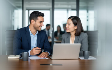 Fototapeta premium A man and woman sitting at a table looking at a laptop