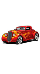 Red Hot Rod Cartoon Car with Flame Graphics – Classic Vintage Muscle Style.red racing car, 2D cartoon illustration of a hot rod car with flames painted on the sides, fast and classic, white background