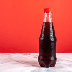 Refreshing Cola Bottle on Marble Surface with Red Backdrop.