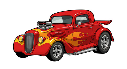 Red Hot Rod Cartoon Car with Flame Graphics – Classic Vintage Muscle Style.red racing car, 2D cartoon illustration of a hot rod car with flames painted on the sides, fast and classic, white background