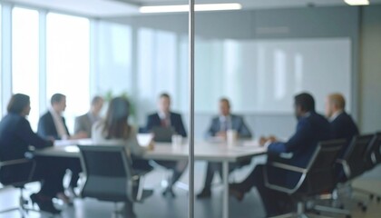 Fototapeta premium Business people negotiate sit at conference table behind closed glass door at group private meeting.