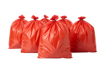 Six red-orange trash bags tied at top, positioned in grouped cluster on white backdrop, isolated on a transparent background