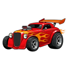 Red Hot Rod Cartoon Car with Flame Graphics – Classic Vintage Muscle Style.red racing car, 2D cartoon illustration of a hot rod car with flames painted on the sides, fast and classic, white background