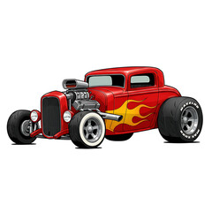 Red Hot Rod Cartoon Car with Flame Graphics – Classic Vintage Muscle Style.red racing car, 2D cartoon illustration of a hot rod car with flames painted on the sides, fast and classic, white background