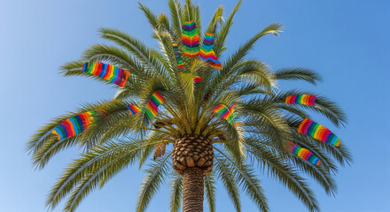 A palm tree is adorned with colorful rainbow decorations, creating a festive and cheerful atmosphere against the clear blue sky on a sunny day
