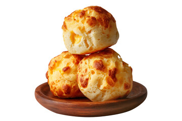 Stack of Brazilian cheesy bread balls with golden crust and holes, isolated on white transparent background, concept of Brazil Pao de Queijo food