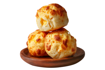 Stack of Brazilian cheesy bread balls with golden crust and holes, isolated on white transparent background, concept of Brazil Pao de Queijo food