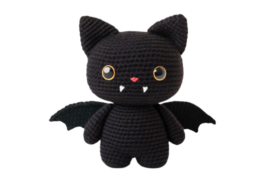 Crocheted black bat plush toy with large golden eyes, red nose, white vampire fangs, wings extended, isolated on a transparent background