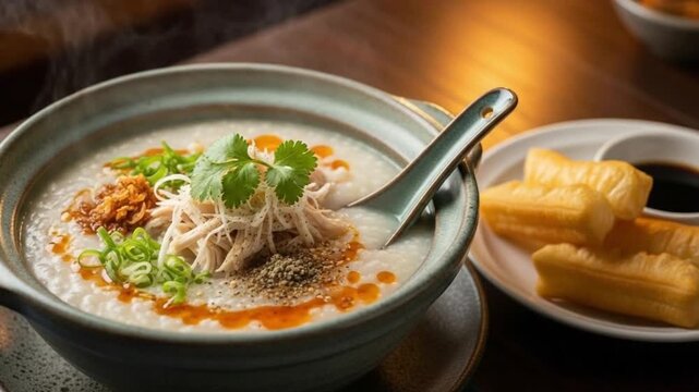 Indonesian Chicken Porridge Bubur Ayam with Boiled Egg and Crispy Toppings