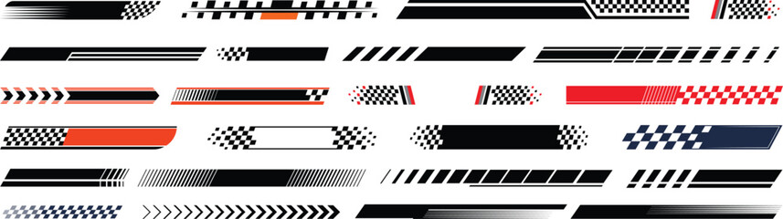 Racing cars and race car stripes set, angled checkered patterns, checkered flag, start and finish line, motocross labels, dynamic lines, motorsport, racing stripe speed, sport decals, tuning stickers