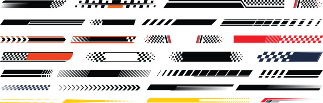 Racing cars and race car stripes set, angled checkered patterns, checkered flag, start and finish line, motocross labels, dynamic lines, motorsport, racing stripe speed, sport decals, tuning stickers