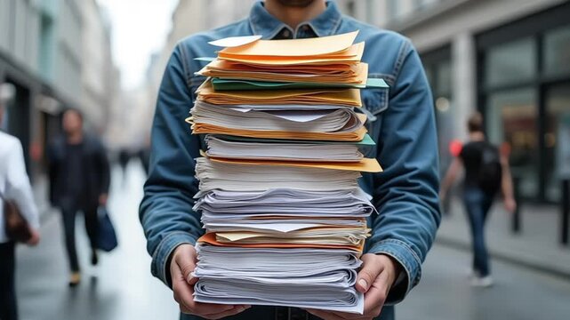 Person in denim jacket carrying a large stack of papers on a city street
