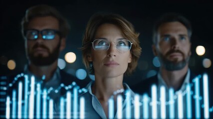 Business team analyzing digital data chart with futuristic interface, focused professionals wearing glasses, technology concept featuring glowing blue graphs and blurred background lights - Powered by Adobe