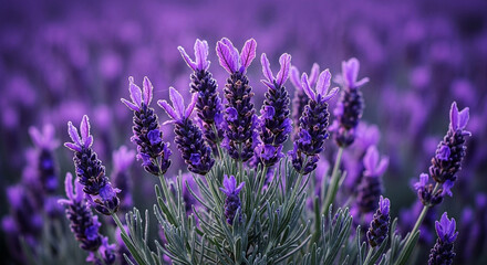A vibrant field of lavender in full bloom, its fragrant purple flowers creating a soothing and picturesque landscape, evoking relaxation and tranquility
