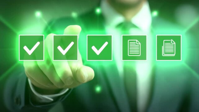Business virtual checkmark icon digital interface with glowing green light symbolizing task completion and approval technology for seamless business process management and efficient digital workflow