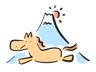 墨絵の富士山と初日の出とかわいい馬　筆書き　2026 水彩画