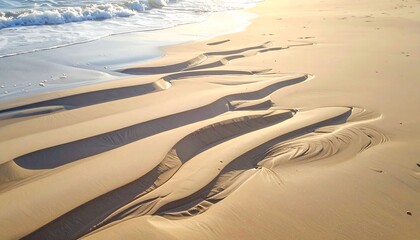 Beach sand patterns with wave, sun and shadow in the daytime landscape scene