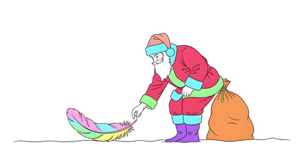 Whimsical illustration of santa claus with a sack and a colorful sleigh filled with presents isolated on white background