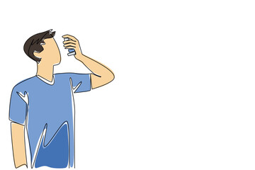 Continuous one line drawing man inhales asthma inhaler. Inability to manage stress well is a trigger. Healthy living without much thought. World Asthma Day. Single line draw design vector illustration