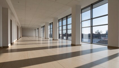 Modern architectural interior with clean white walls, tiled floor, glass facade