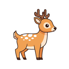 Fototapeta premium Adorable cartoon fawn with spotted fur, large expressive eyes, and small antlers, standing gracefully in a simple, clean, vector art style for children's designs.