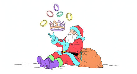 Whimsical cartoon illustration of a jolly santa claus sitting with a sack of gifts and juggling festive ornaments isolated on white background