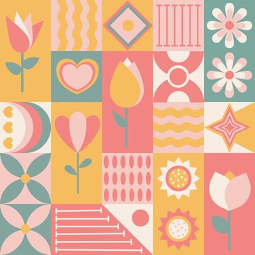Scandinavian Geometric Floral Seamless Pattern in Pastel Retro Colors