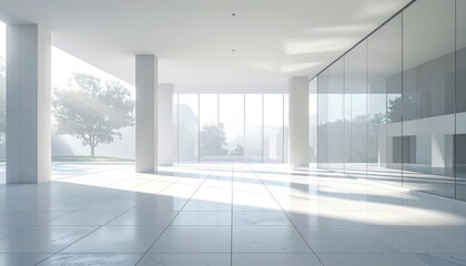 Fototapeta premium Modern architectural interior with clean white walls, tiled floor, glass facade
