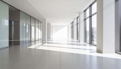 Obraz premium Modern architectural interior with clean white walls, tiled floor, glass facade