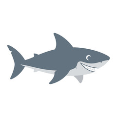 Fototapeta premium Whimsical cartoon great white shark with a big toothy grin, swimming joyfully in the ocean, rendered in a clean, flat, vector art style for children's media.