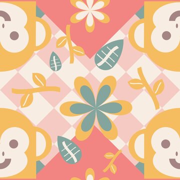 Seamless Scandinavian Pastel Pattern with Cute Monkey and Floral Elements
