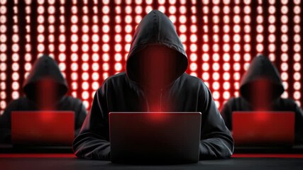 Anonymous hacker in hooded jacket using laptop with red glowing light, digital security threat and cybercrime technology, mysterious atmosphere with blurred hackers and digital code background - Powered by Adobe