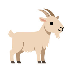 Fototapeta premium Adorable cartoon-style goat with light beige fur, curled horns, and a friendly smile, standing alertly on a clean white background, a simple yet charming depiction of a farm animal.