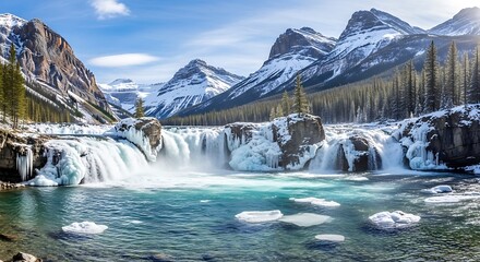 Frozen Waterfall in Canadian Mountains.