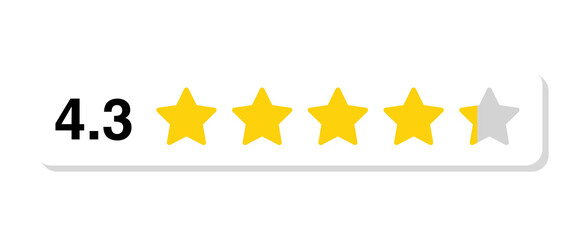 Rating bar with numeric label 4.3 in flat white rectangular style showing five-star scale with a partial star reflecting a 4.3 score, PNG with transparent background.