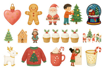 Fototapeta premium PNG Festive holiday-themed cartoon illustrations, element set on transparent background