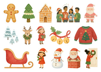 Naklejka premium PNG Festive holiday cartoon illustrations, element set on transparent background