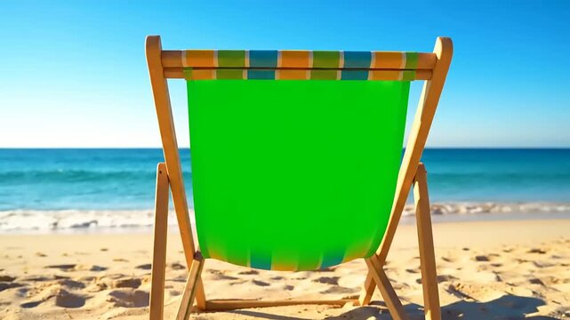 Empty beach chair with a green screen on a tropical sandy beach facing the ocean. Perfect for summer vacation advertising
