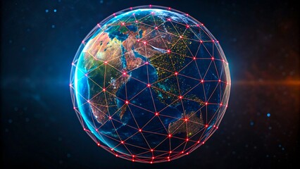 Digital globe with red network connections symbolizing global communication and internet technology
