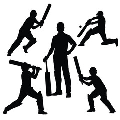 Cricket Player Silhouettes Collection of Sport Action Poses on White Background