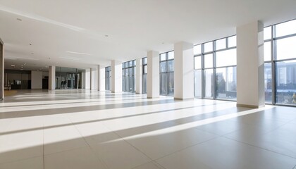 Modern architectural interior with clean white walls, tiled floor, glass facade