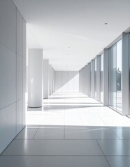 Obraz premium Modern architectural interior with clean white walls, tiled floor, glass facade