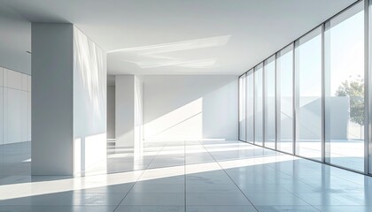 Modern architectural interior with clean white walls, tiled floor, glass facade
