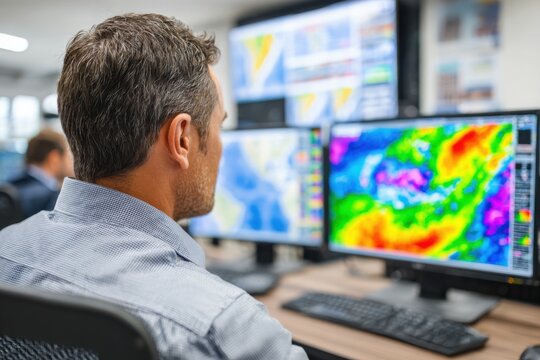 A man with graying hair views multiple computer screens displaying complex, colorful data maps in an office.