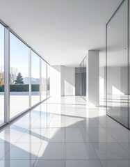 Fototapeta premium Modern architectural interior with clean white walls, tiled floor, glass facade